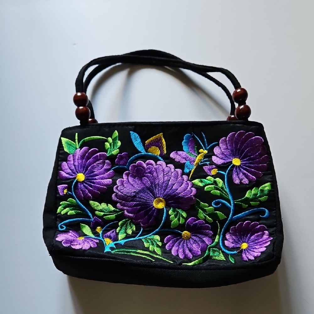 Embroidered Floral Black Handbag